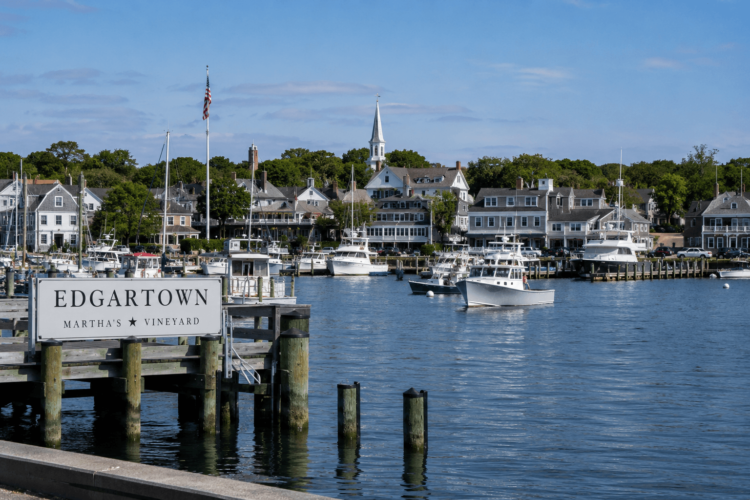 Boats docked in Edgartown Harbor on Martha’s Vineyard, featured on the High Tide Shine website